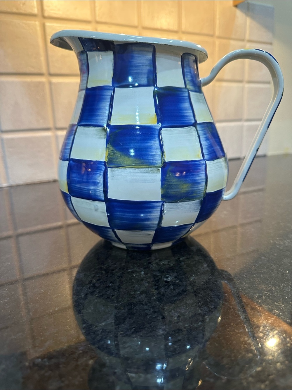 Mackenzie Childs Royal Check Blue and White Handprinted Enamel pitcher